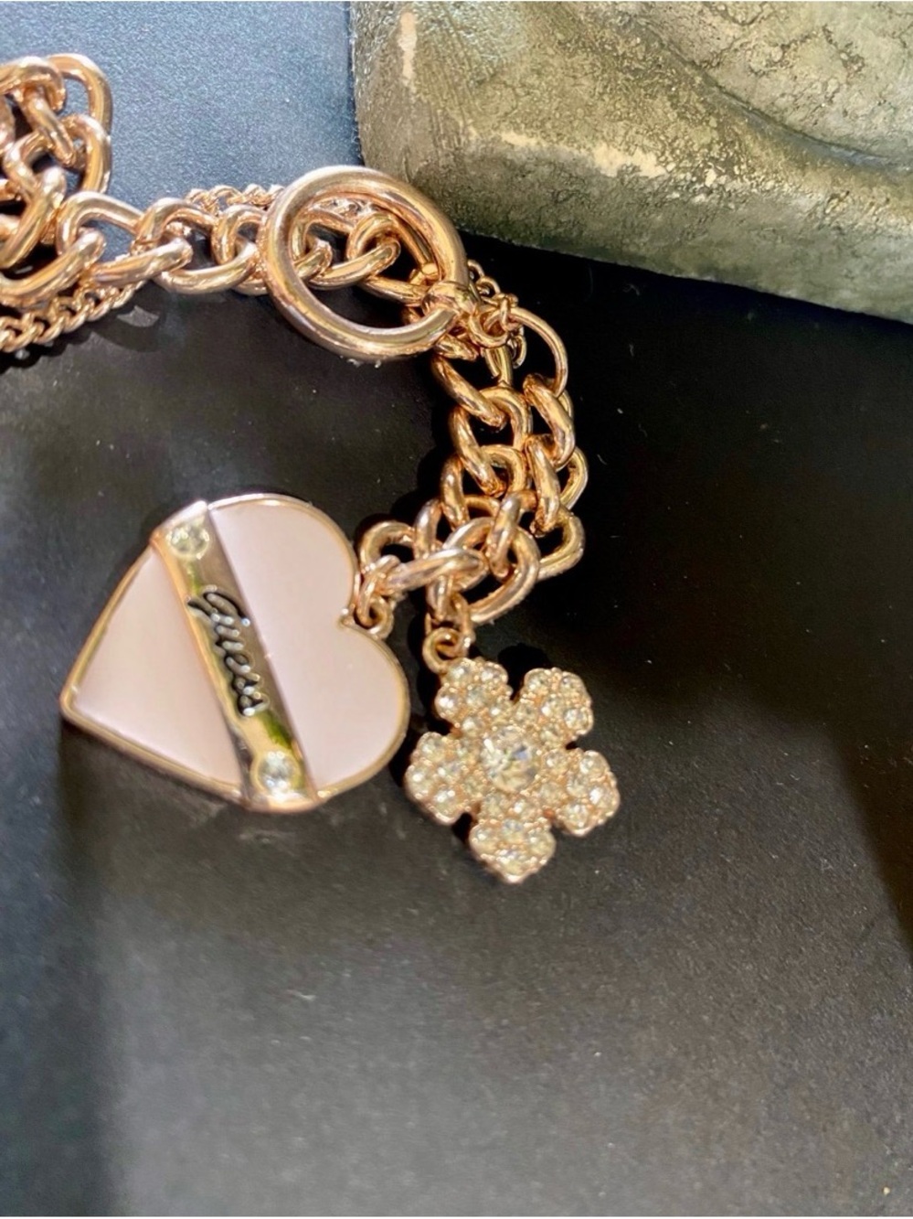 Guess Pink Heart & Rhinestone Rose Gold Bracelet